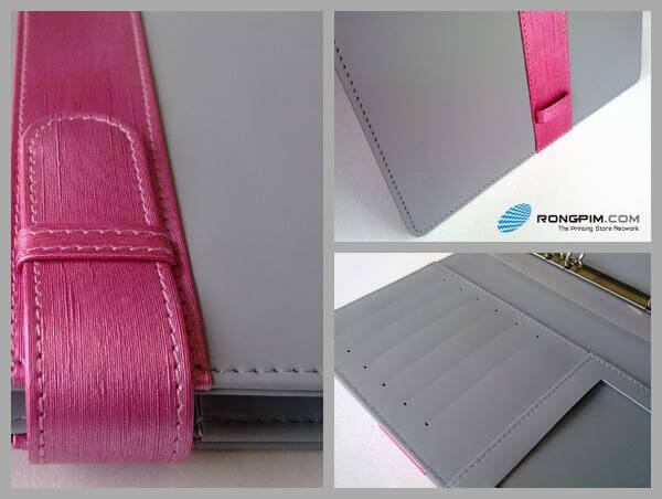 สมุดโน๊ตออแกไนเซอร์หน้าปกหนังสีเทา คาดปกด้วยหนังเมทัลลิคสีชมพูสดใส พร้อมเข็มขัดหูสอด 